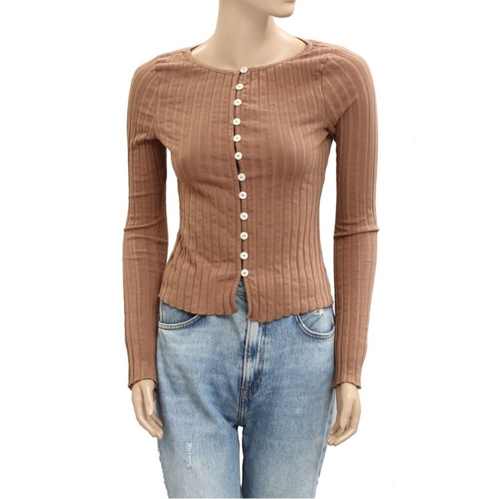 Free People Tilly Long-Sleeve Cardi Blouse Top Knit Ribbed Buttondown XS 281480 - Picture 4 of 16